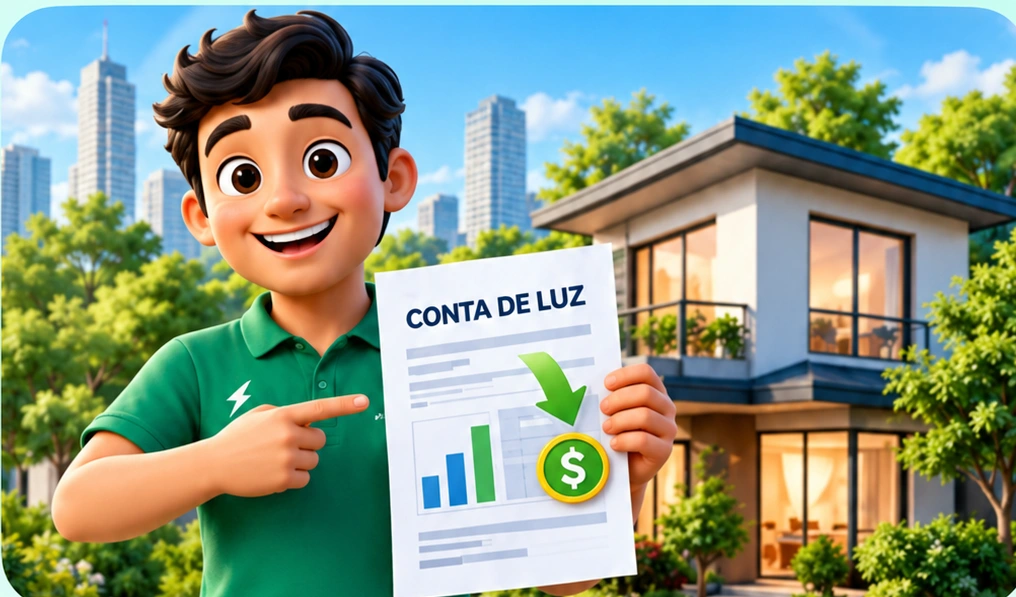 Personagem sorrindo mostrando uma conta de energia com sinal de economia